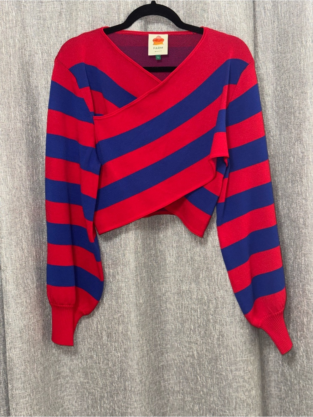 FARM Rio Red and Blue Striped Cropped Wrap V-Neck Sweater